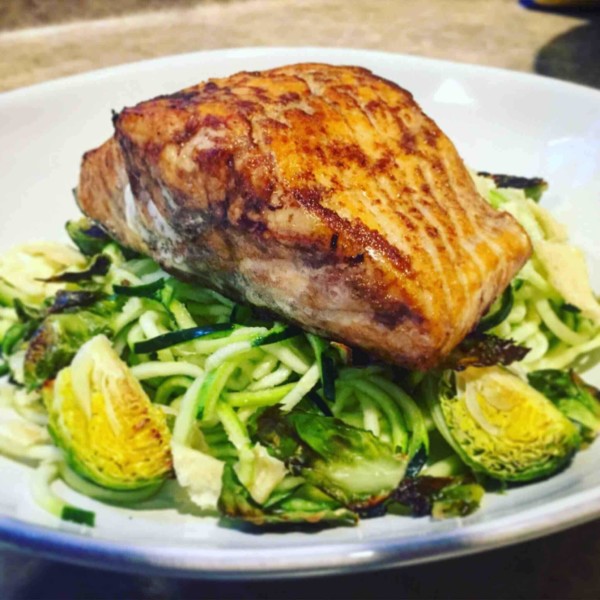 Asian Seared Salmon with Zucchini Noodles & Roasted Veg